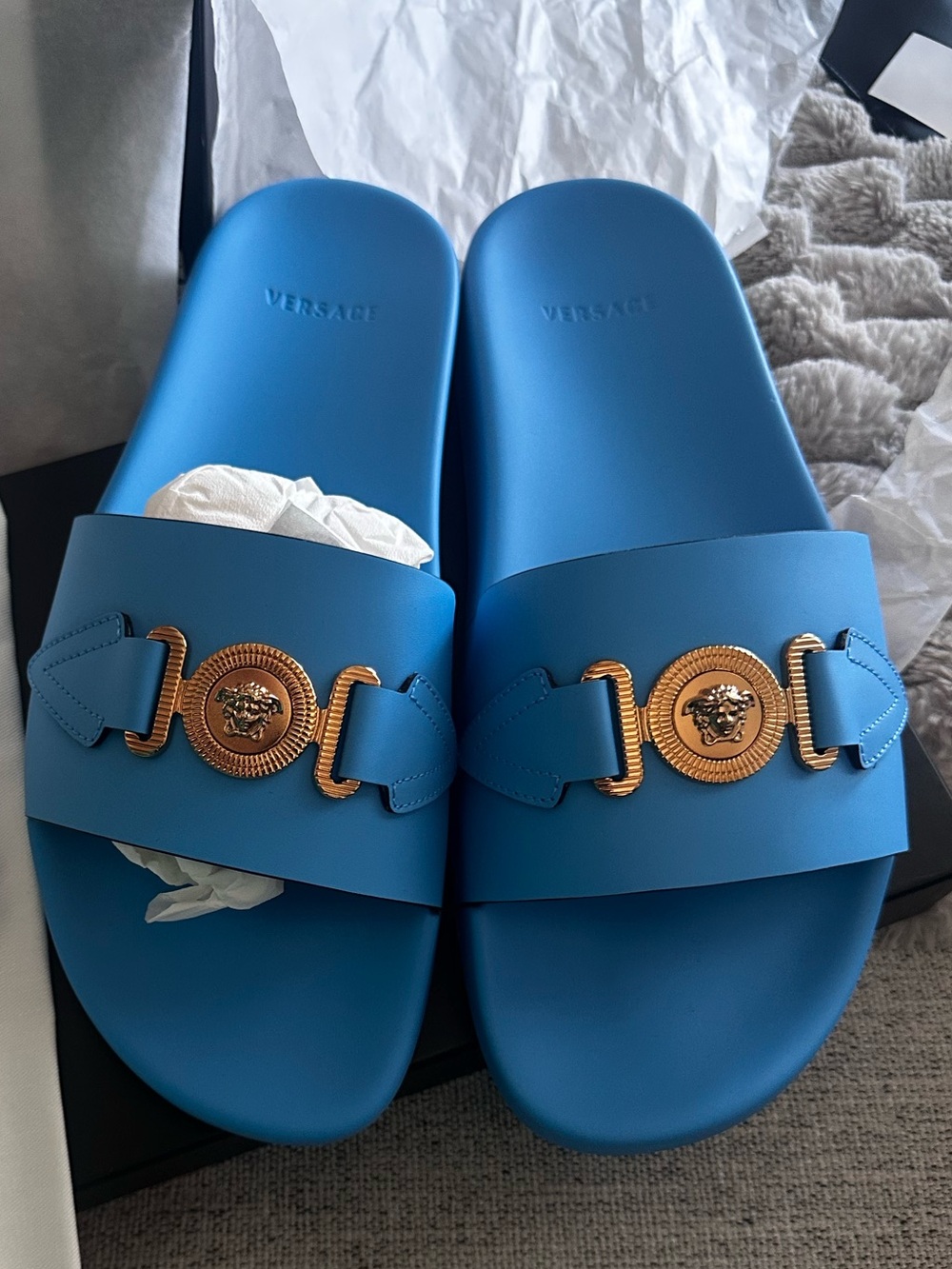 Versace Men’s Electric Blue Logo-Embossed Slide Sandals